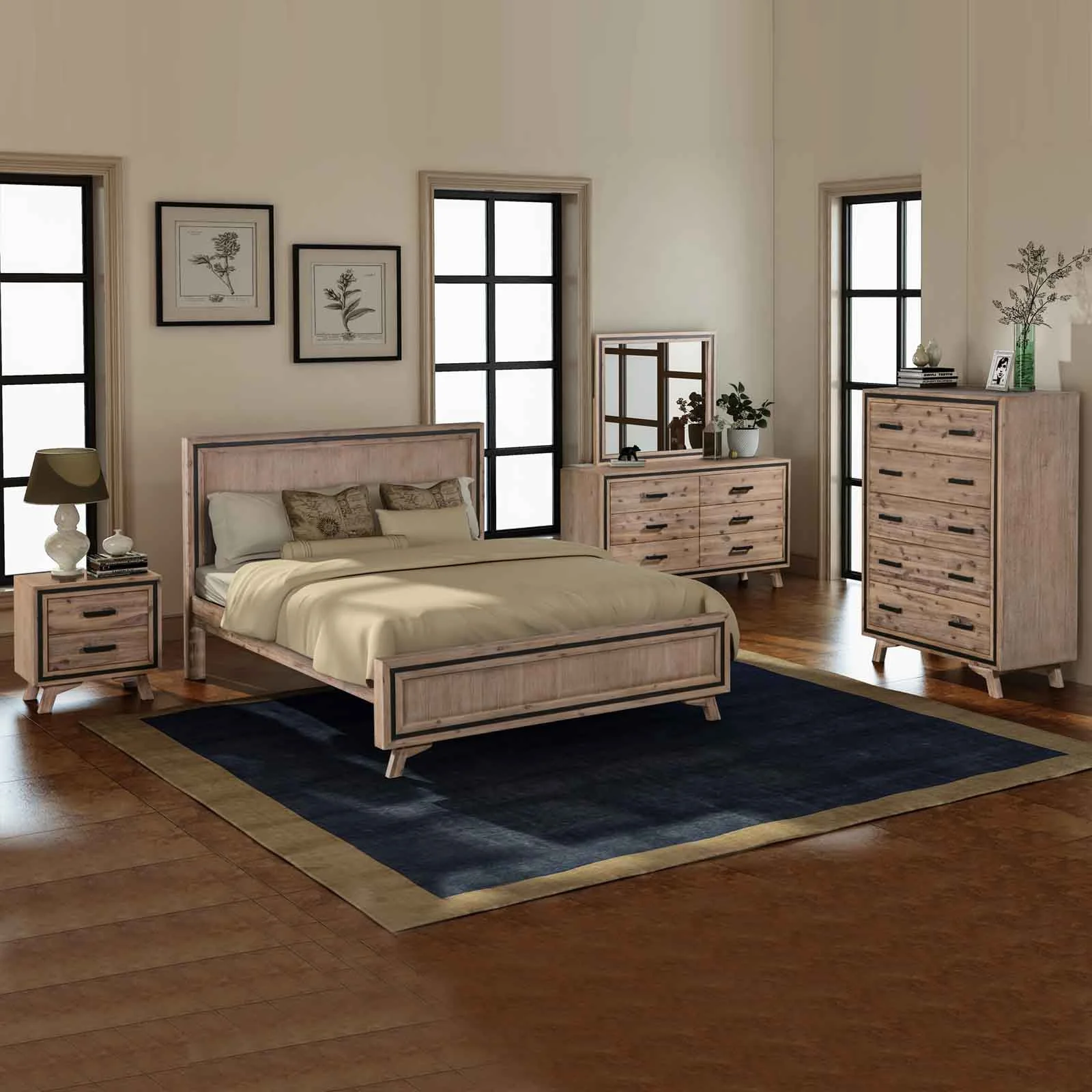 5 Pieces Bedroom Suite Queen Size Silver Brush in Acacia Wood Construction Bed, Bedside Table, Tallboy & Dresser