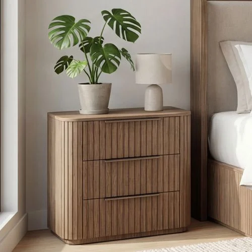Solid Rubber Wood Bedside table with LED Lights in Oak colour