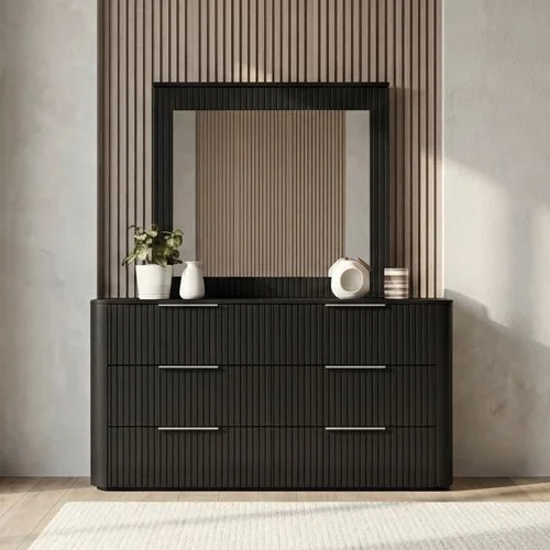 Solid Rubber Wood Dresser with Mirror in Black colour