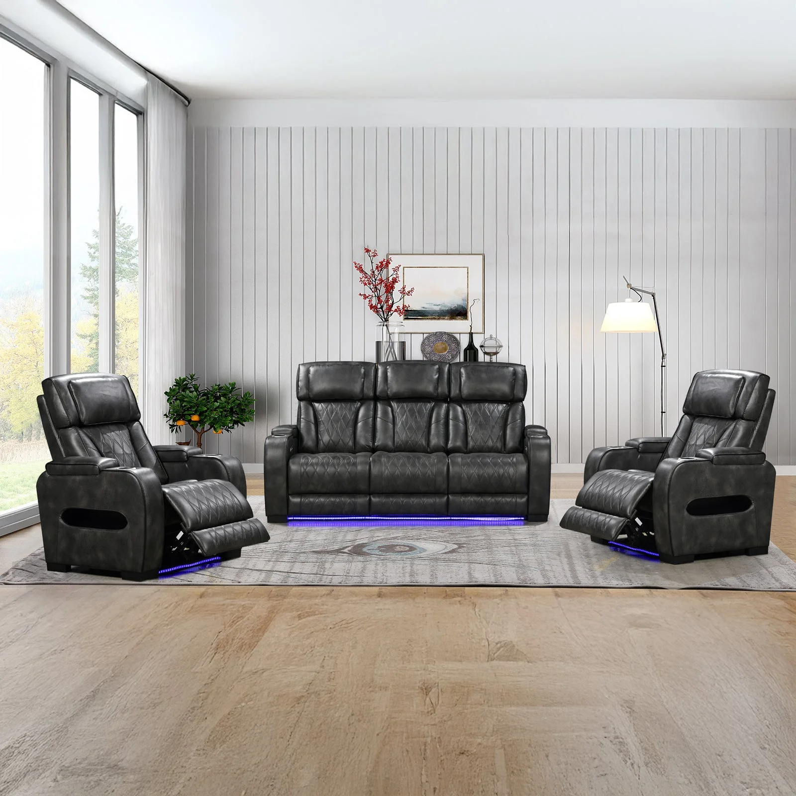 3-1-1 Seater Electric Air Leather Dark Grey Recliner Set