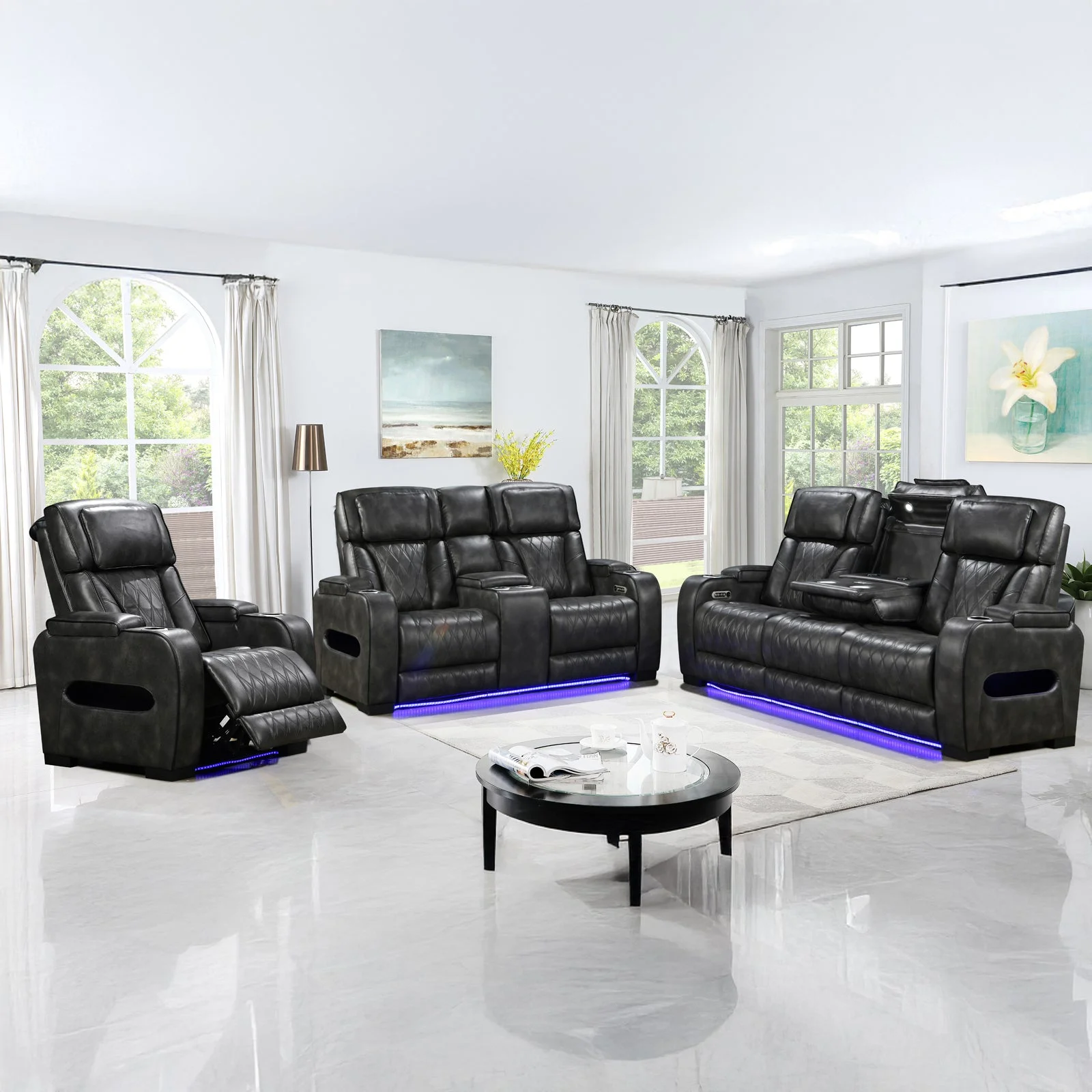3-2-1 Seater Electric Air Leather Dark Grey Recliner Set