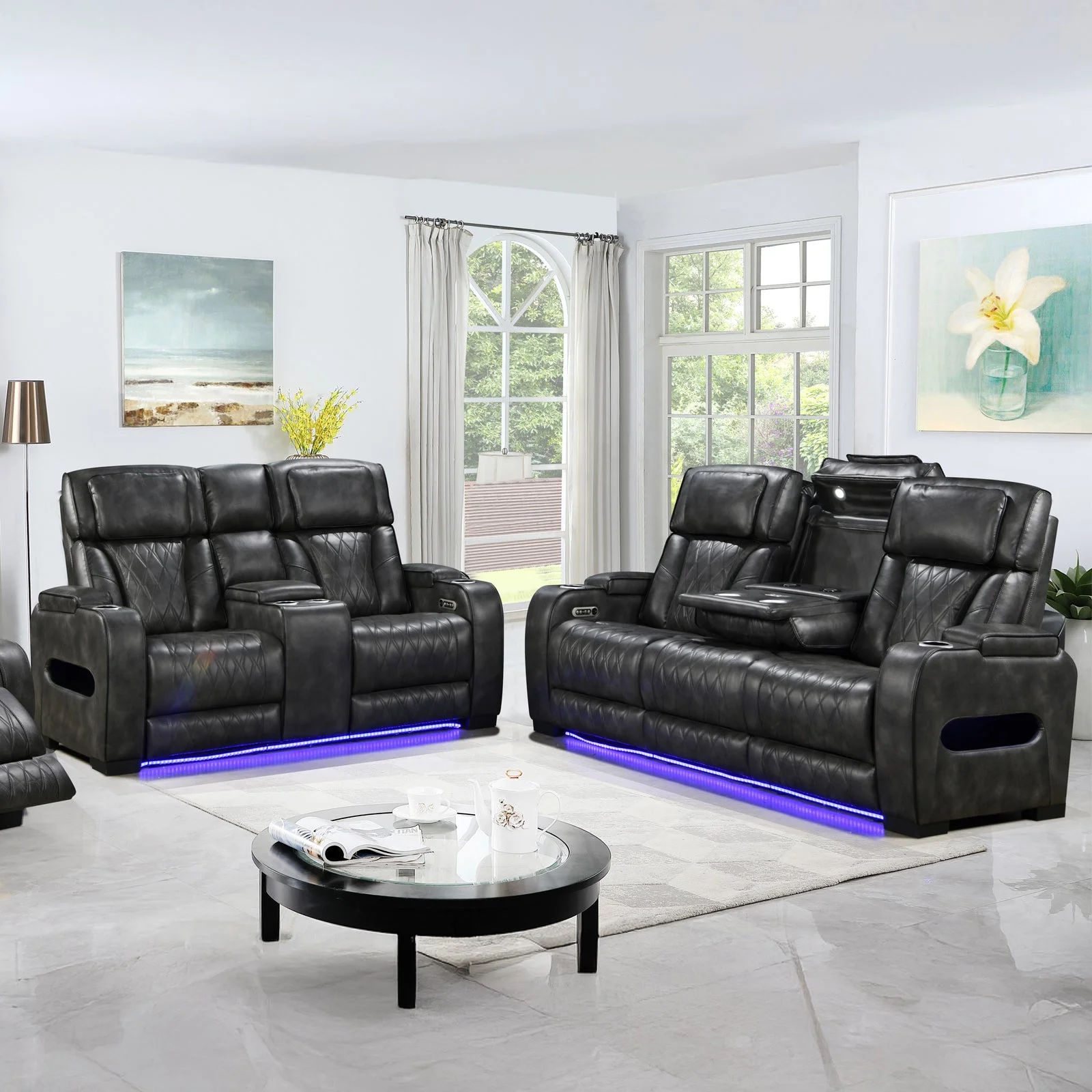 3-2 Seater Electric Air Leather Dark Grey Recliner Set