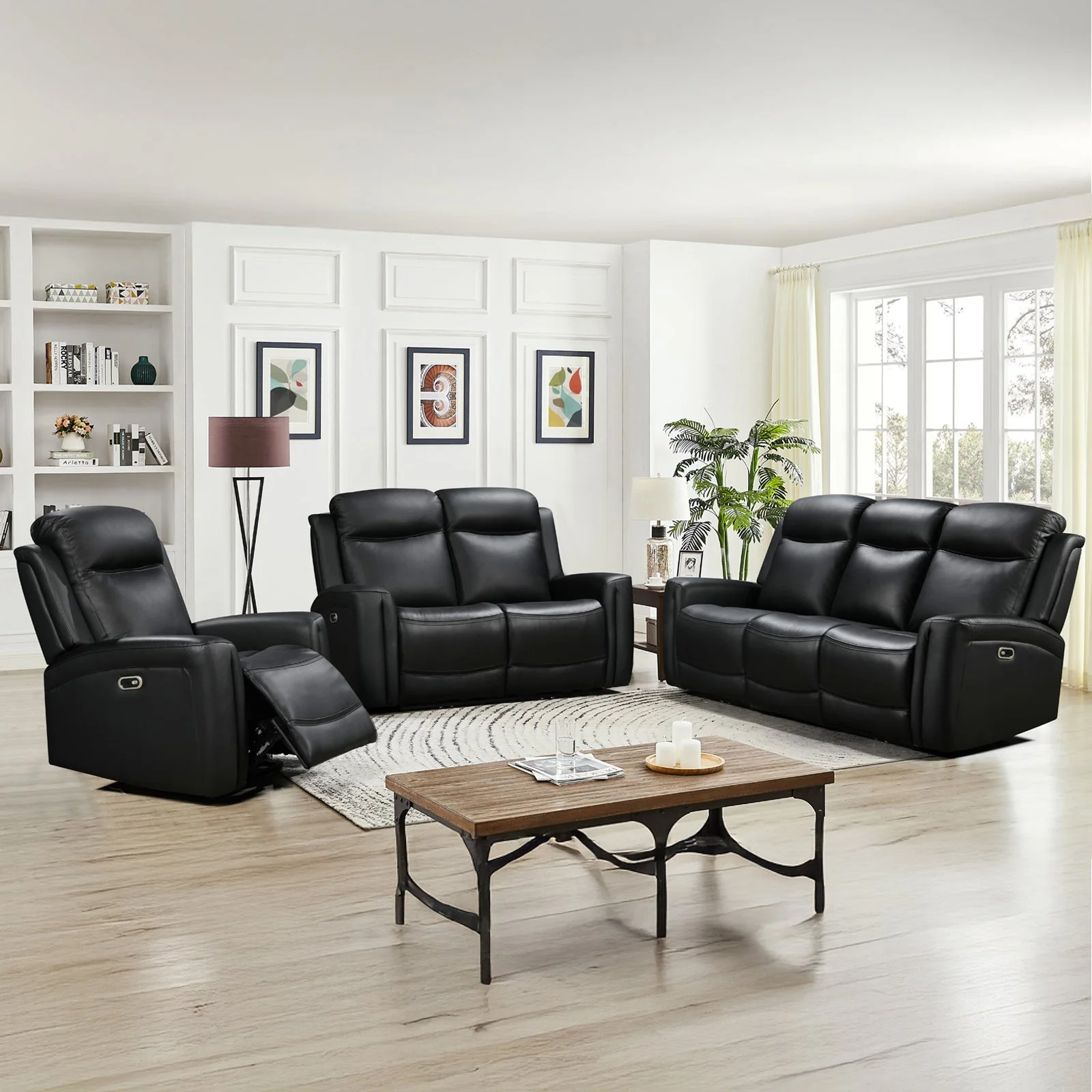 3-2 Seater Electric Leather/PVC Black Recliner Set