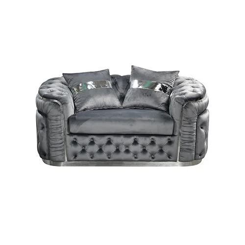 1 Seater Sofa Grey Velvet Fabric Solid Wood construction Silver Stainless Steel Trim