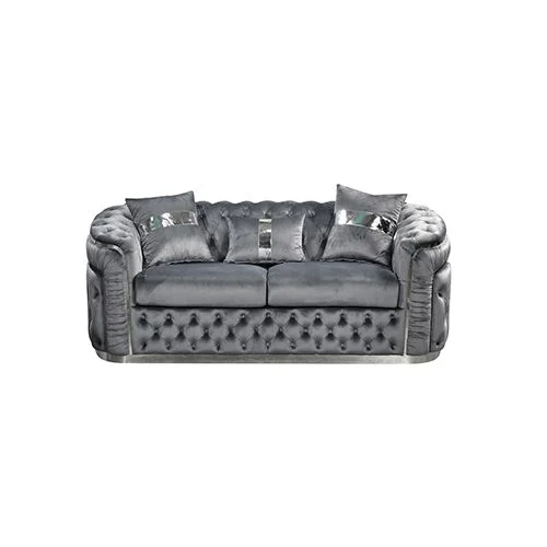 2 Seater Sofa Grey Velvet Fabric Solid Wood construction Silver Stainless Steel Trim