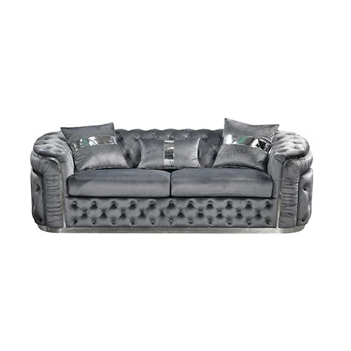 3 Seater Sofa Grey Velvet Fabric Solid Wood construction Silver Stainless Steel Trim
