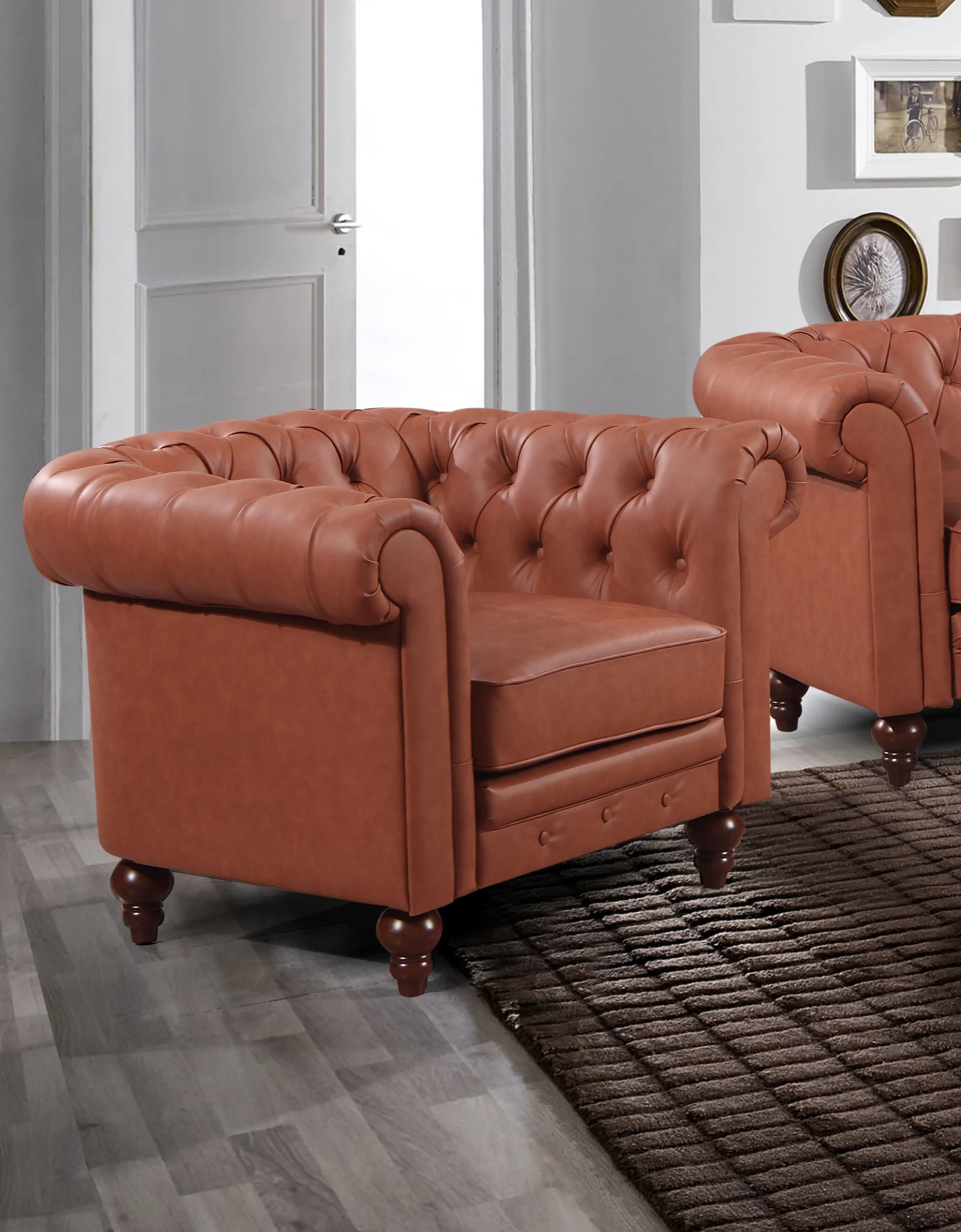 Single Seater Brown Sofa Lounge Button Tufted in Faux Leather thumbnail 2