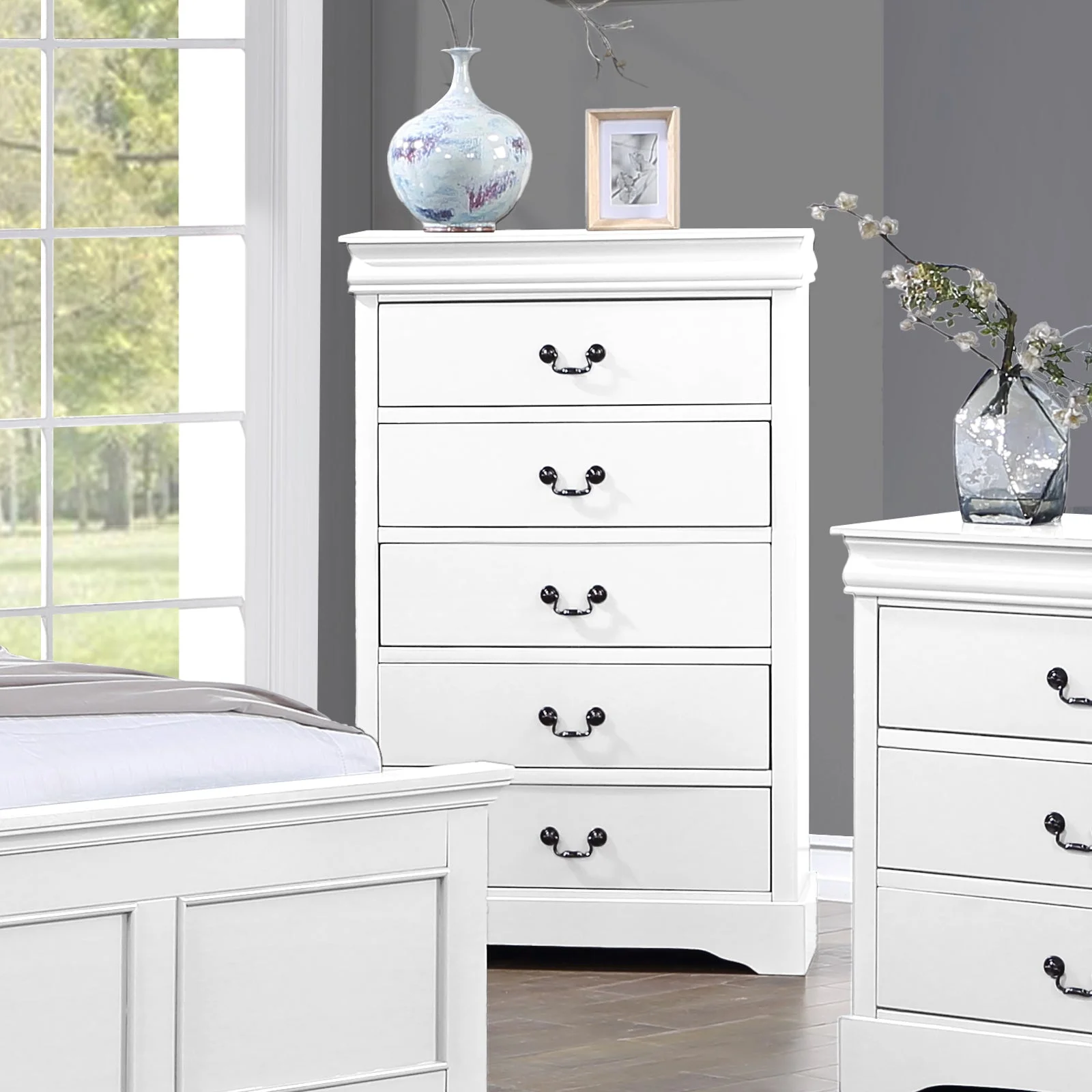 Tallboy with 5 Storage Drawers in Solid Wooden Metal Handles White Colour