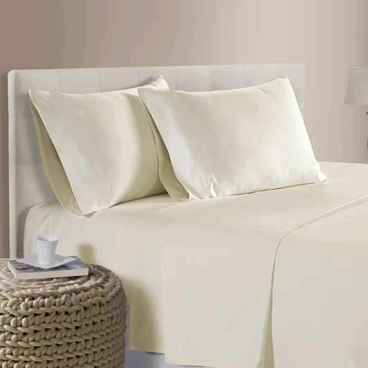 400TC 100% Cotton Sateen Premium Sheet Set 40cm Wall Cream Queen