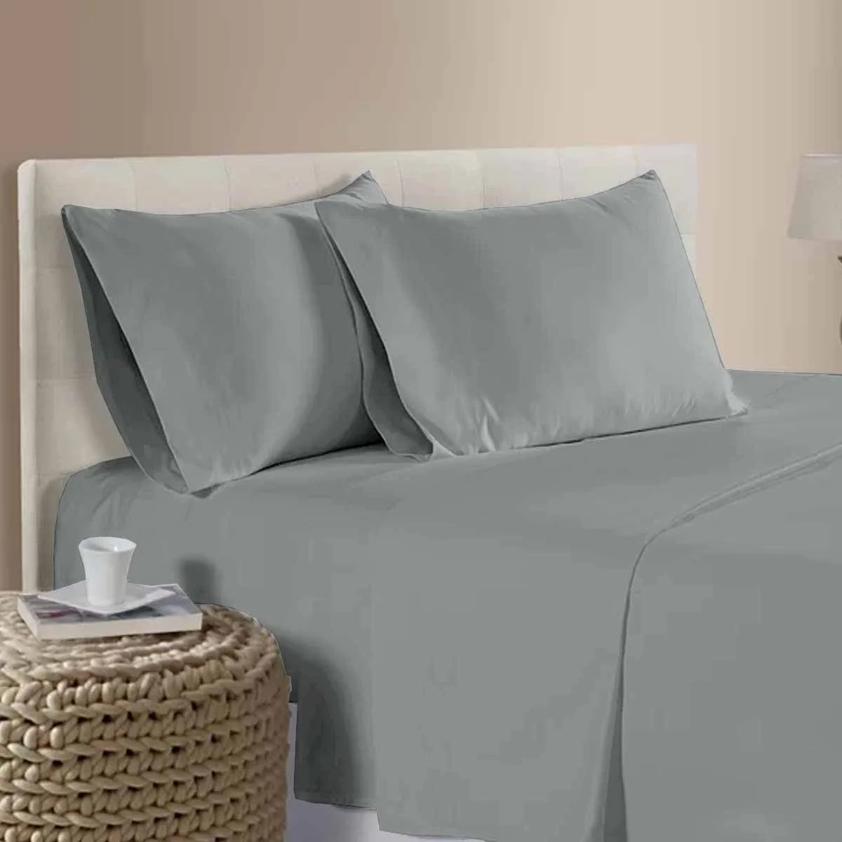 400TC 100% Cotton Sateen Premium Sheet Set 40cm Wall Grey Queen