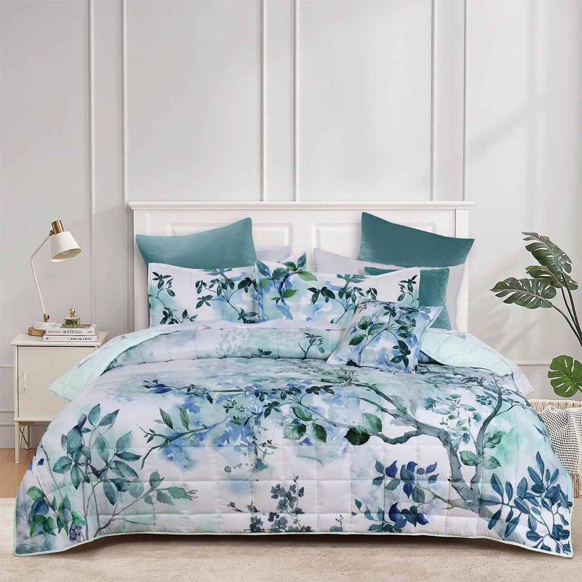 Bianca Woodbury White Botanical Printed Bedspread Set Super King