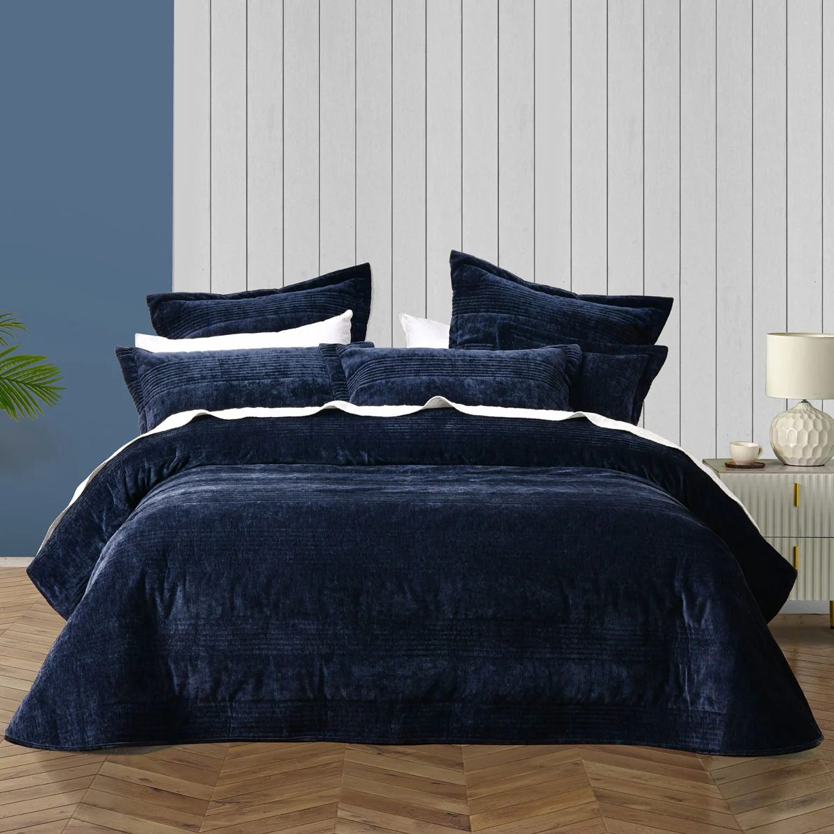 Bianca Cyrano Indigo Soft Velvet Polyester Quilted Coverlet Set Super King