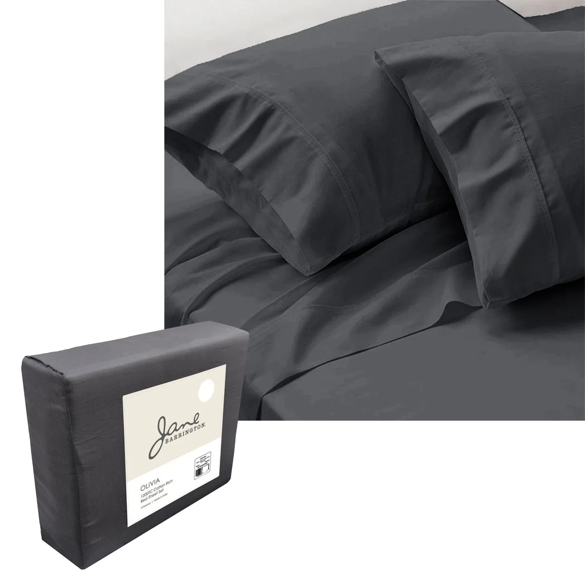 Jane Barrington 1200TC Olivia Cotton Rich Sheet Set 40cm Wall Charcoal King