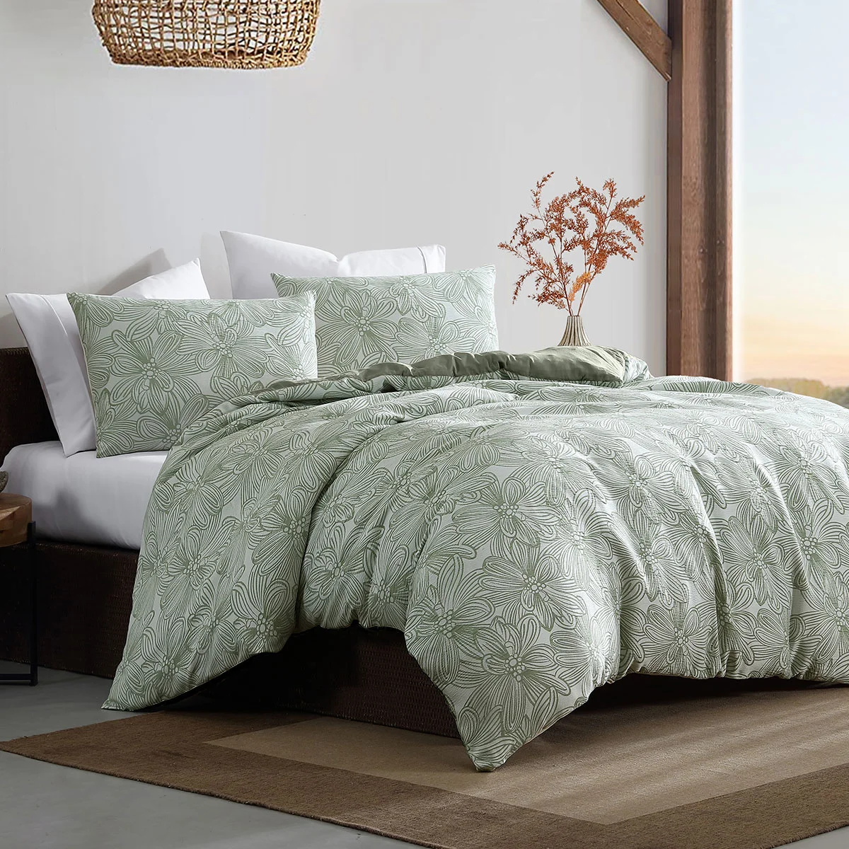 Ardor Avena Green Textured Floral Jacquard Quilt Cover Set Queen