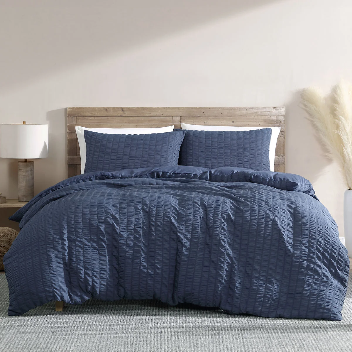 Ardor Byron Navy Seersucker Quilt Cover Set Queen