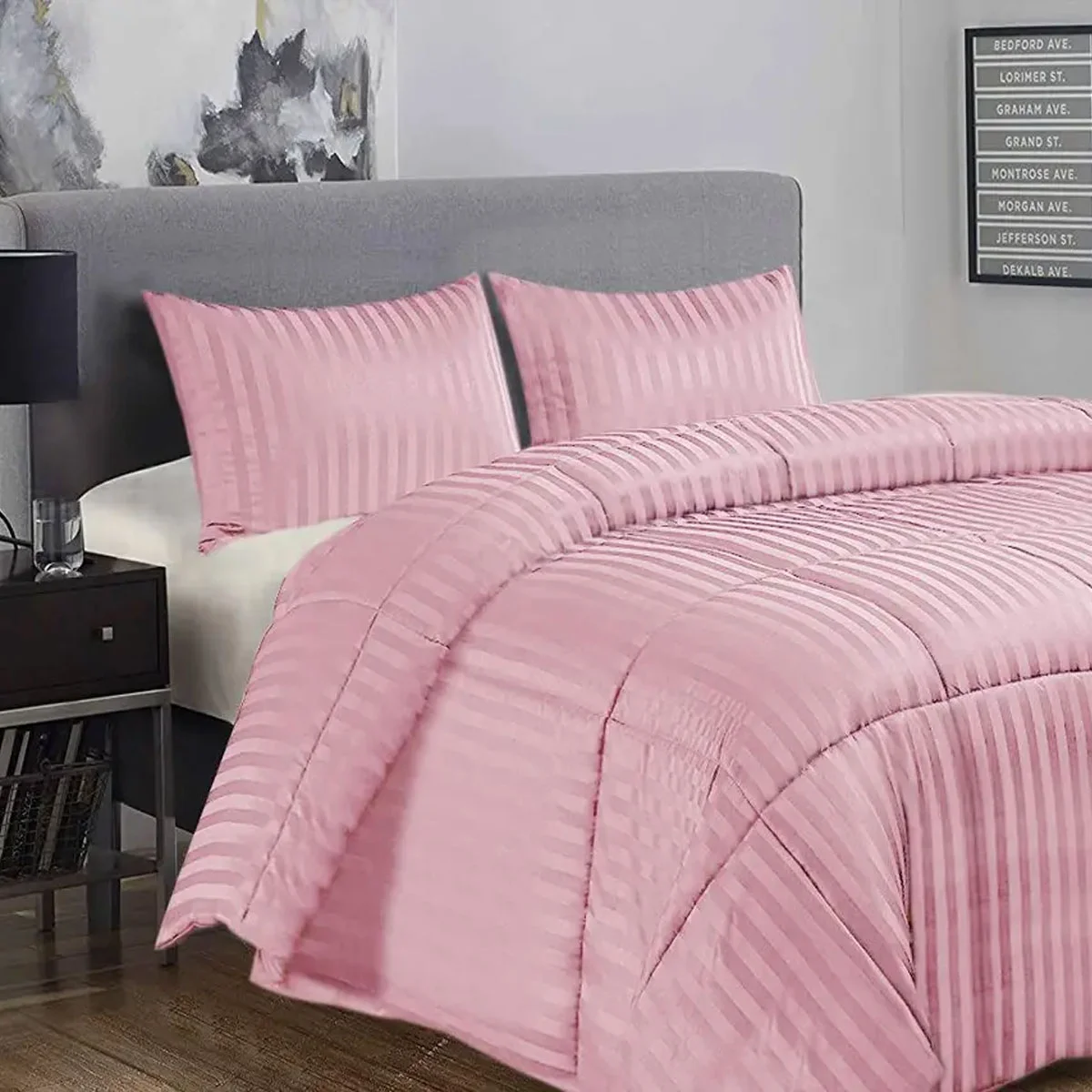 Ramesses 3 Piece Damask Stripe Comforter Set King Pink