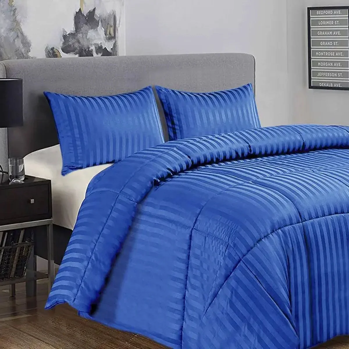 Ramesses 3 Piece Damask Stripe Comforter Set Royal Blue King