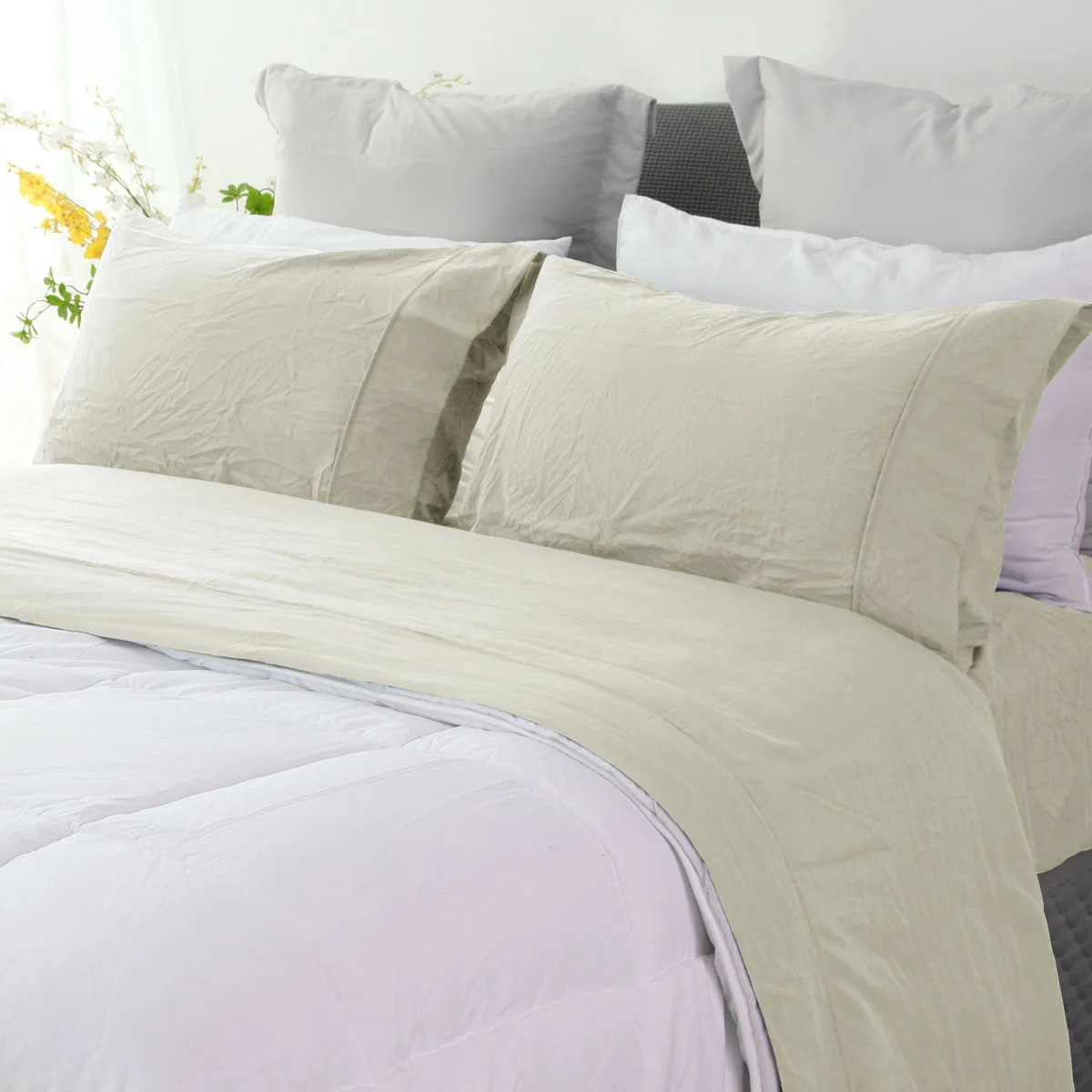 Ramesses Oatmeal Pebble Wash Linen Look Alternative Sheet Set Single