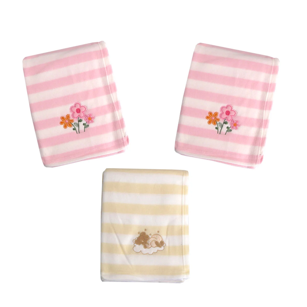Living Home for Baby Girls Flowers and Bear Pack of 3 Embroidered Polar fleece Stripe Cot Blankets 100 x 140cm