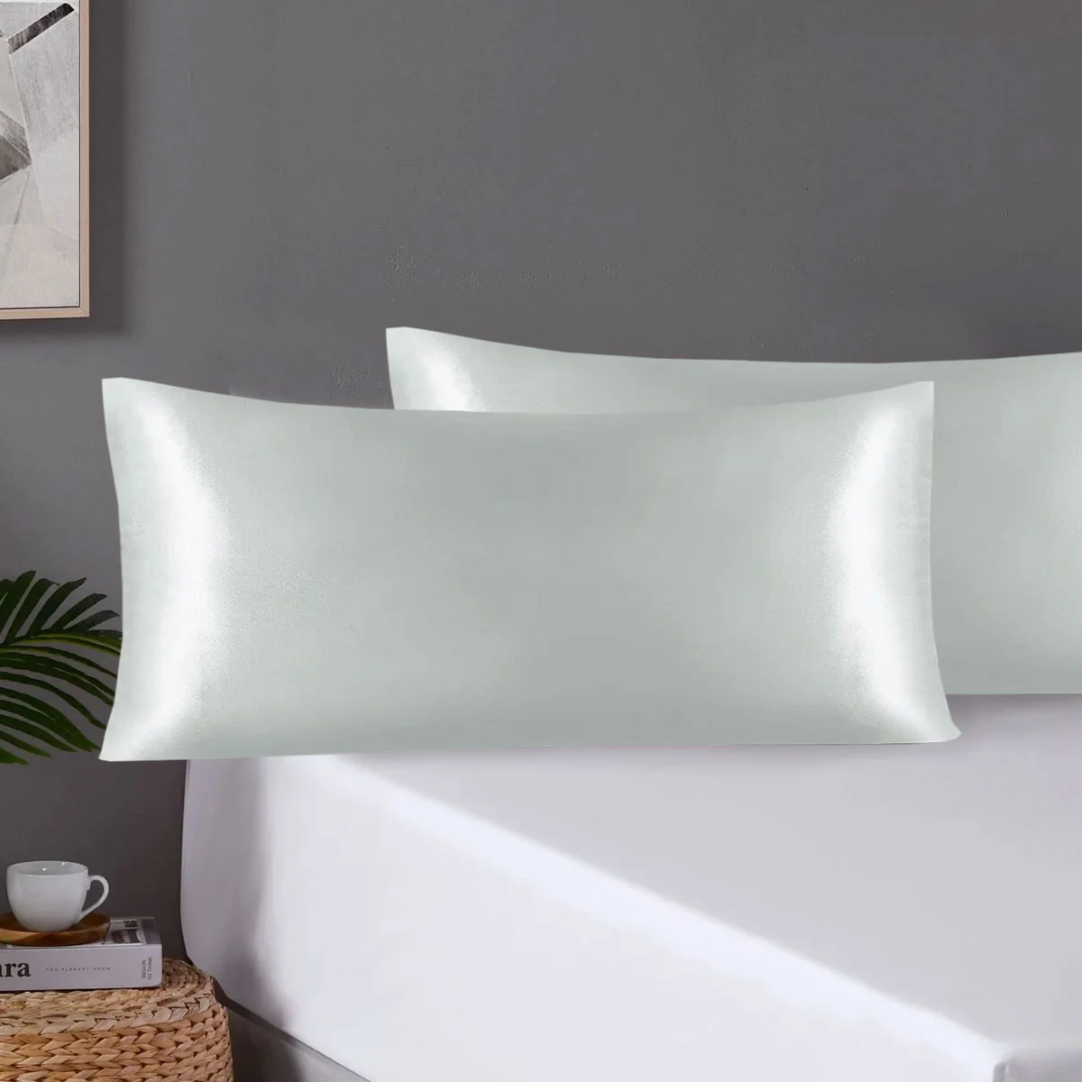 Pair of King Satin Silk Pillowcases with Envelope Closure 51 x 102 cm Grey