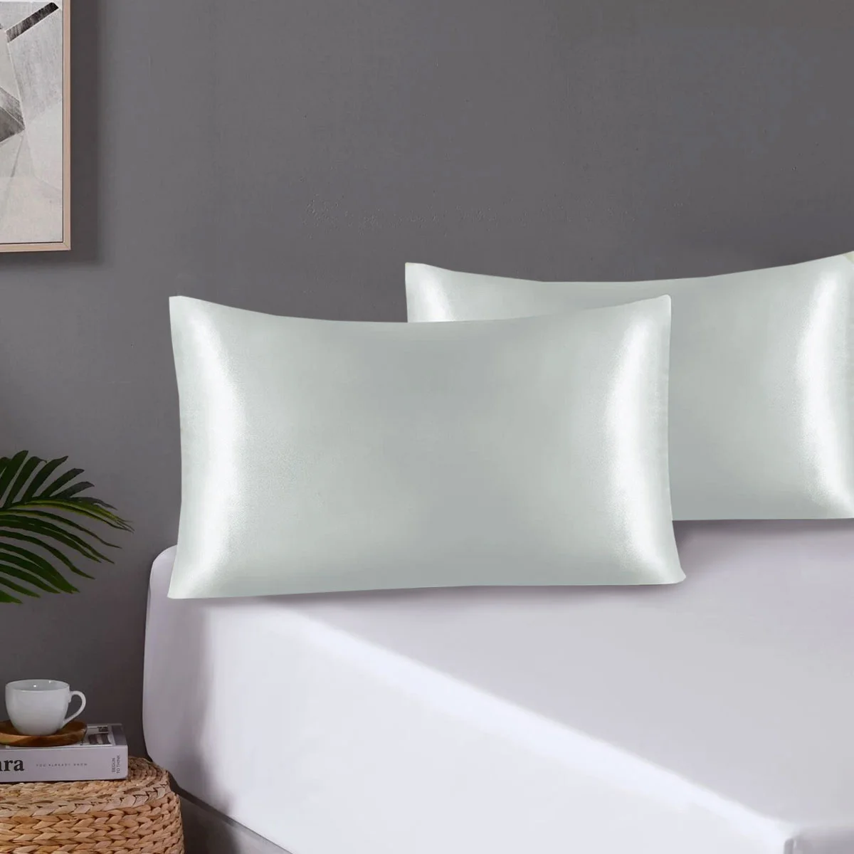 Pair of Standard Satin Silk Pillowcases with Envelope Closure 51 x 76 cm Grey