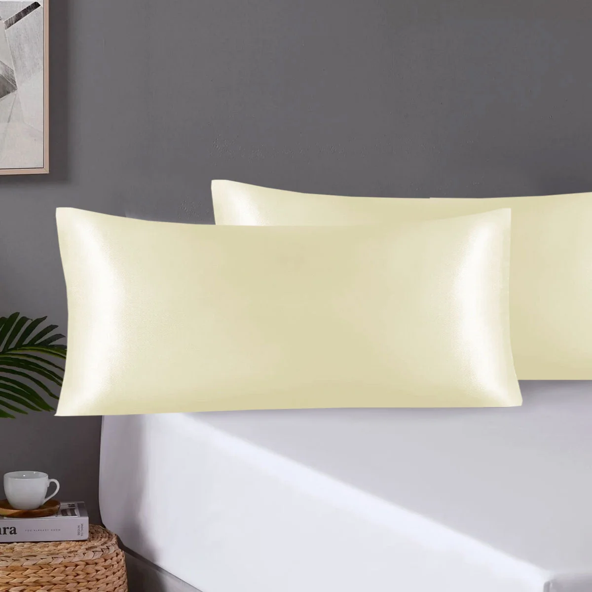 Pair of King Satin Silk Pillowcases with Envelope Closure 51 x 102 cm Ivory