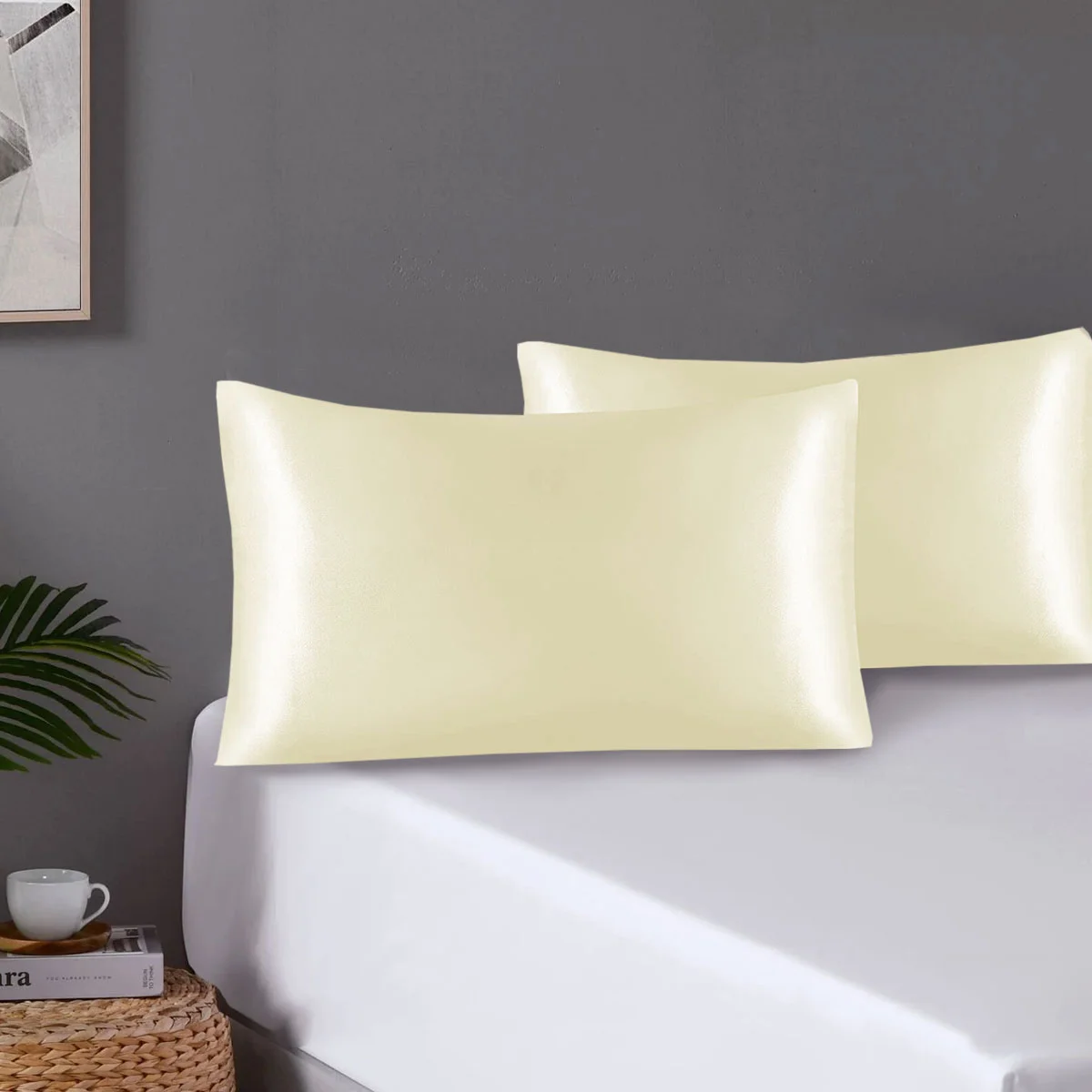 Pair of Standard Satin Silk Pillowcases with Envelope Closure 51 x 76 cm Ivory