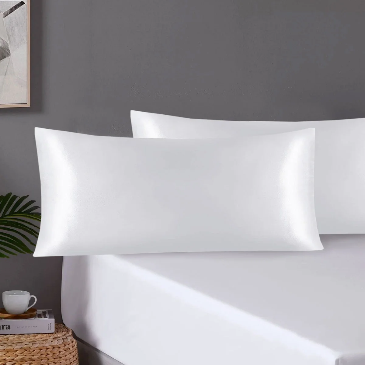 Pair of King Satin Silk Pillowcases with Envelope Closure 51 x 102 cm White