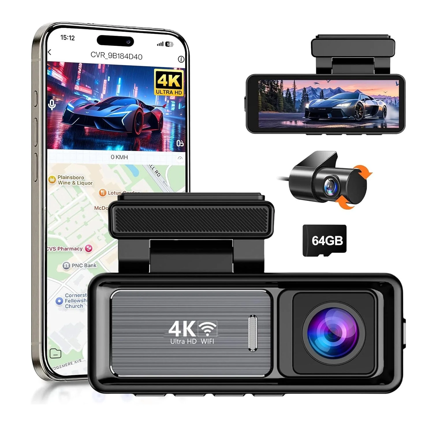 4K Wifi Dash Cam Front, 1080P In-Car Rear Dual Recording with GPS 64GB Card