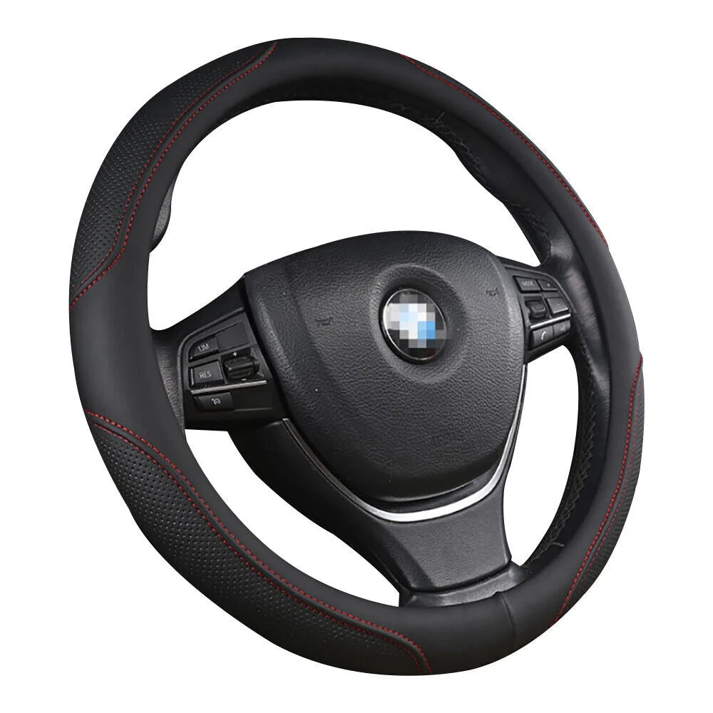 Universal Luxury Car 37-38cm Steering Wheel Cover PU Leather Non-slip Breathable (Black-red)