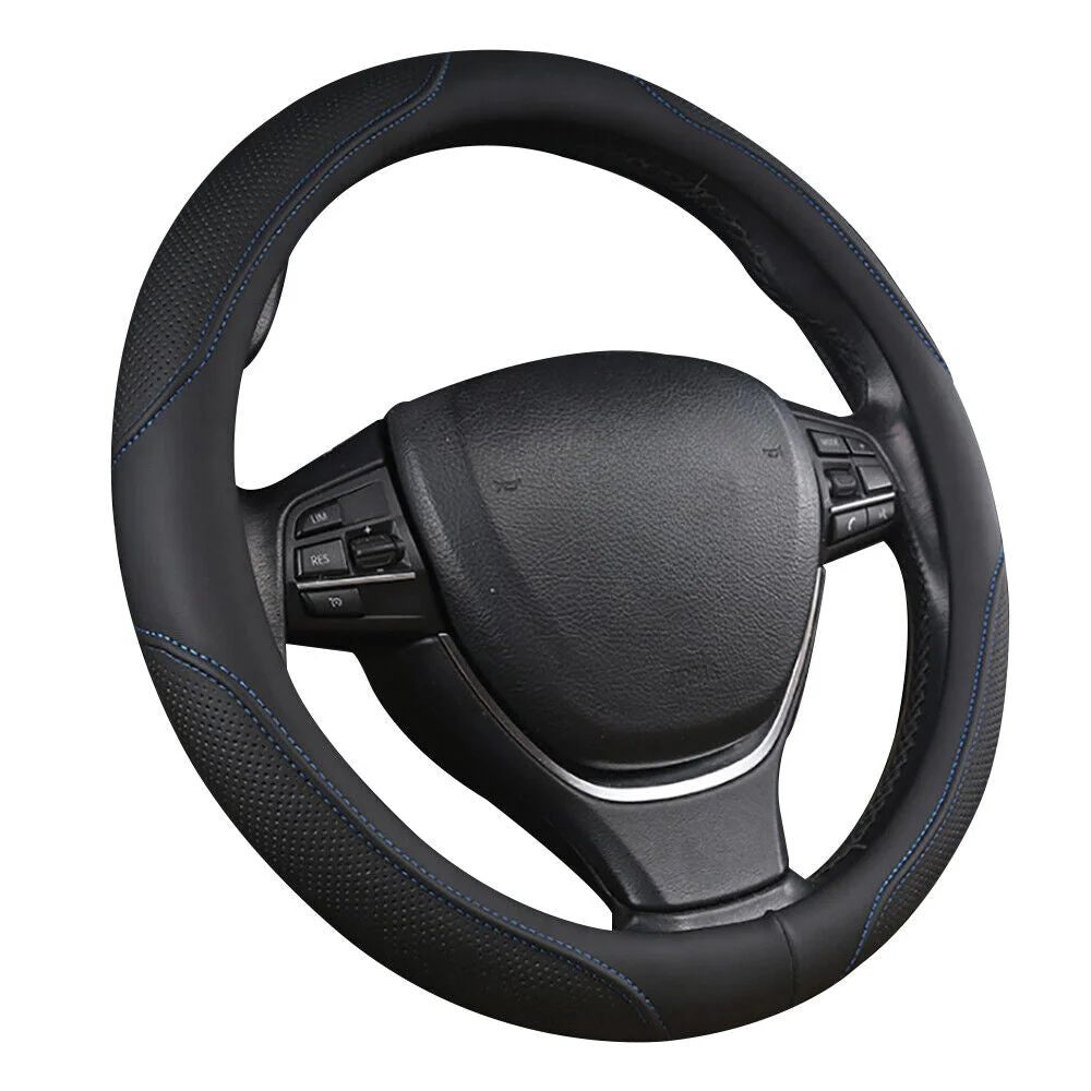 Universal Luxury Car 37-38cm Steering Wheel Cover PU Leather Non-slip Breathable (Black-blue)