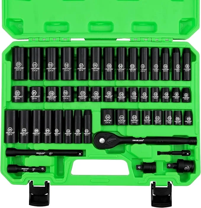 SWANLAKE 50-Piece 3/8" Drive Impact Socket Set, SAE & Metric, 6-Point Cr-V
