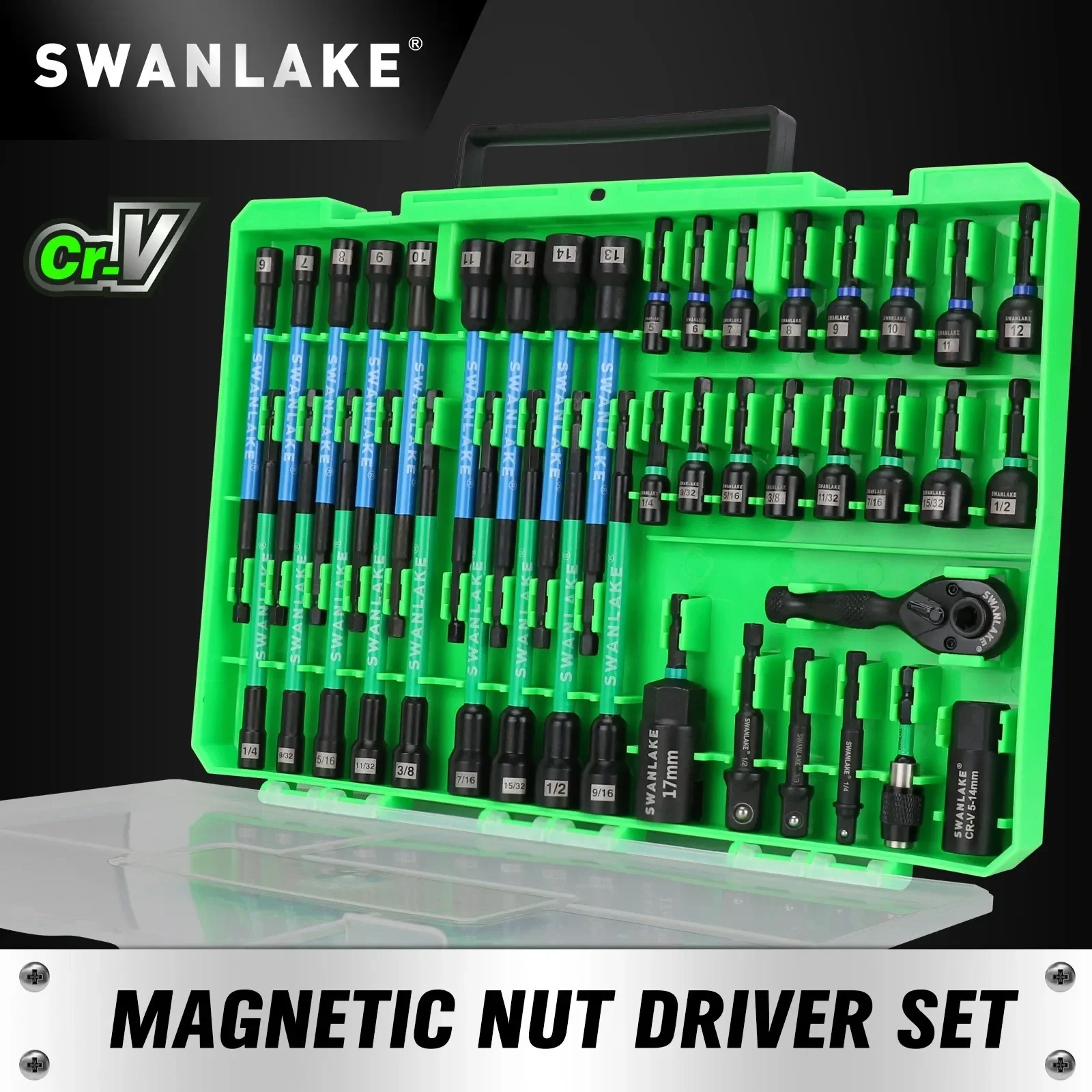 SWANLAKE 41Pcs 1/4" Magnetic Nut Driver Set SAE Metric Adapter Kit with Case