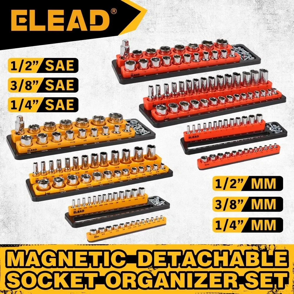 ELEAD 6PC Magnetic Socket Organizer Set 1/4 3/8 1/2 Metric SAE Holder Tray