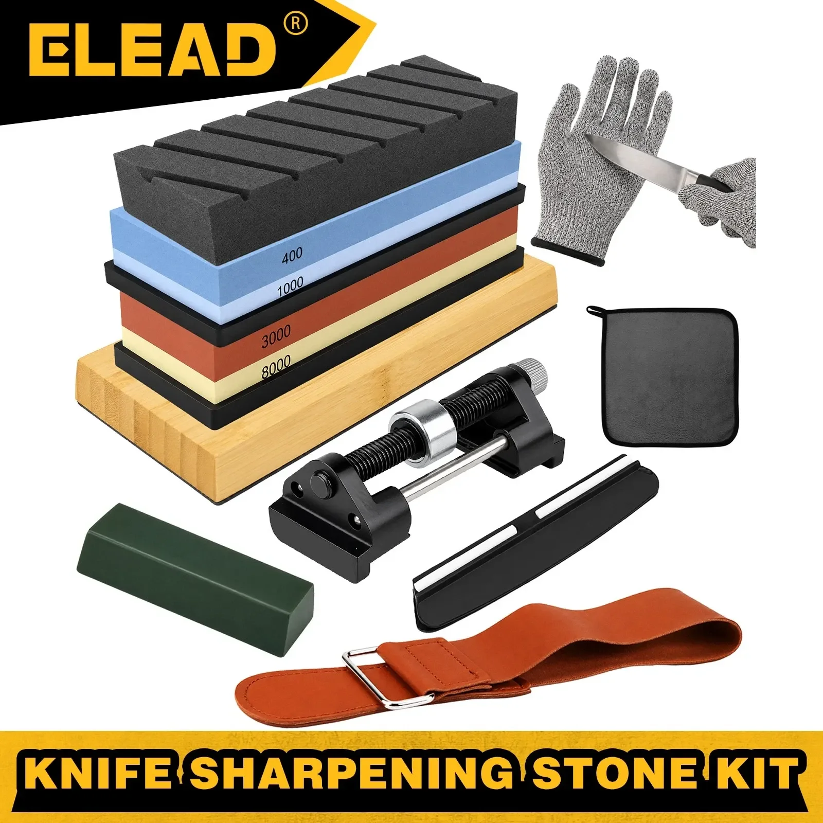ELEAD 12pcs Knife Sharpening Kit 400/1000 3000/8000 Grit Whetstone Bamboo Base