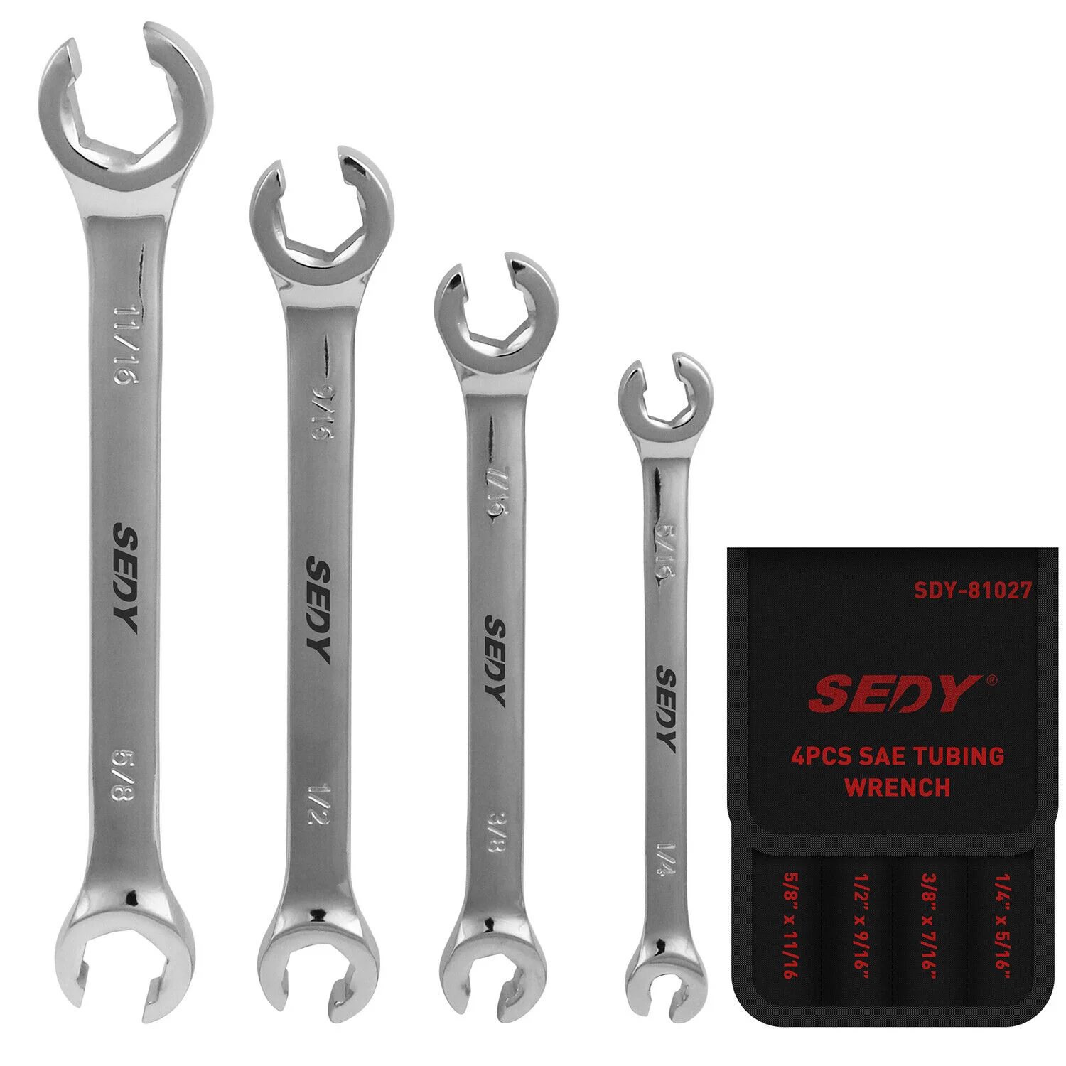 	SEDY 4Pc Flare Nut Spanner Set SAE Brake Line Wrench Offset Head Organizer Pouch