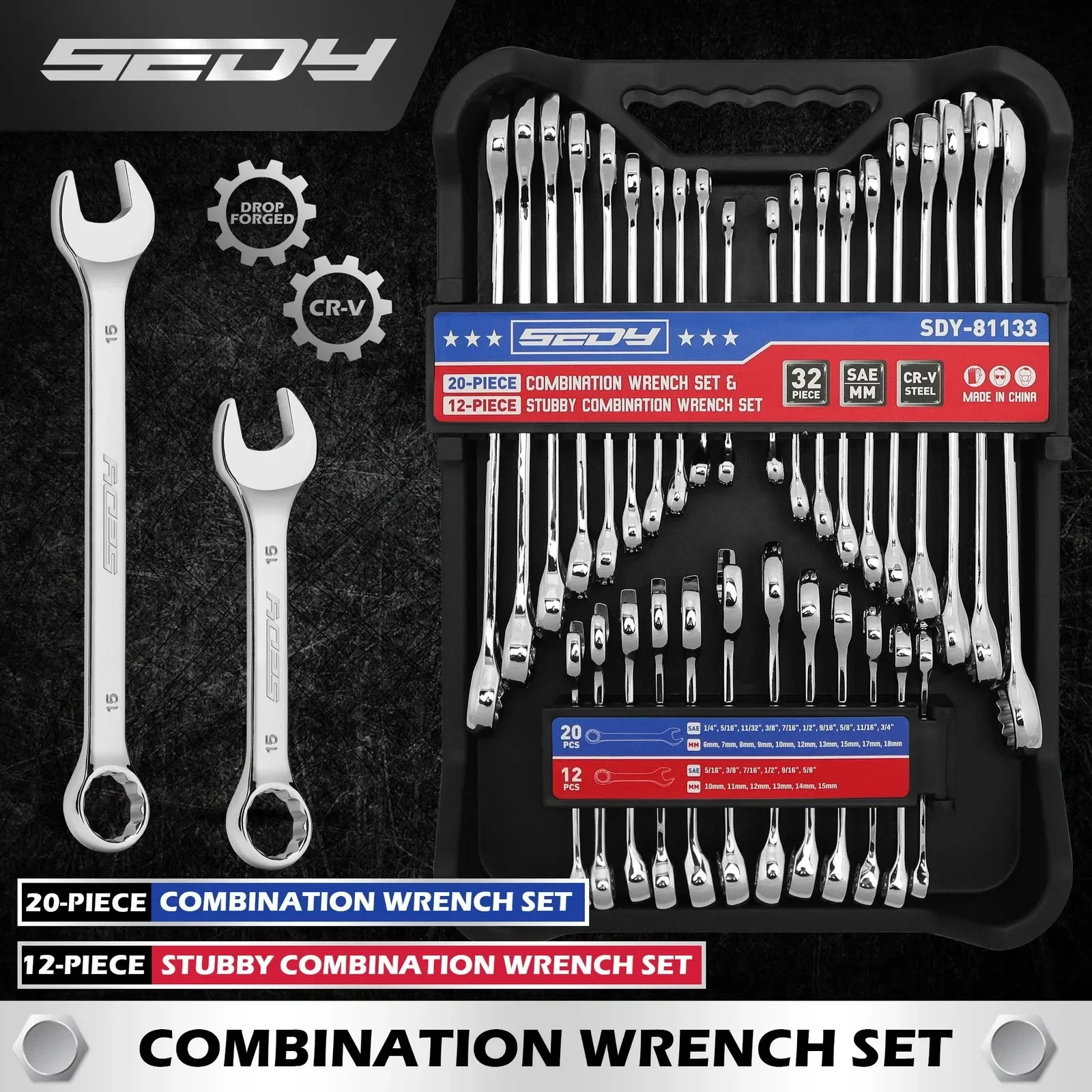 SEDY 32 Pcs SAE Metric Combination Wrench Set Stubby 12 Point CR-V Steel w/Case