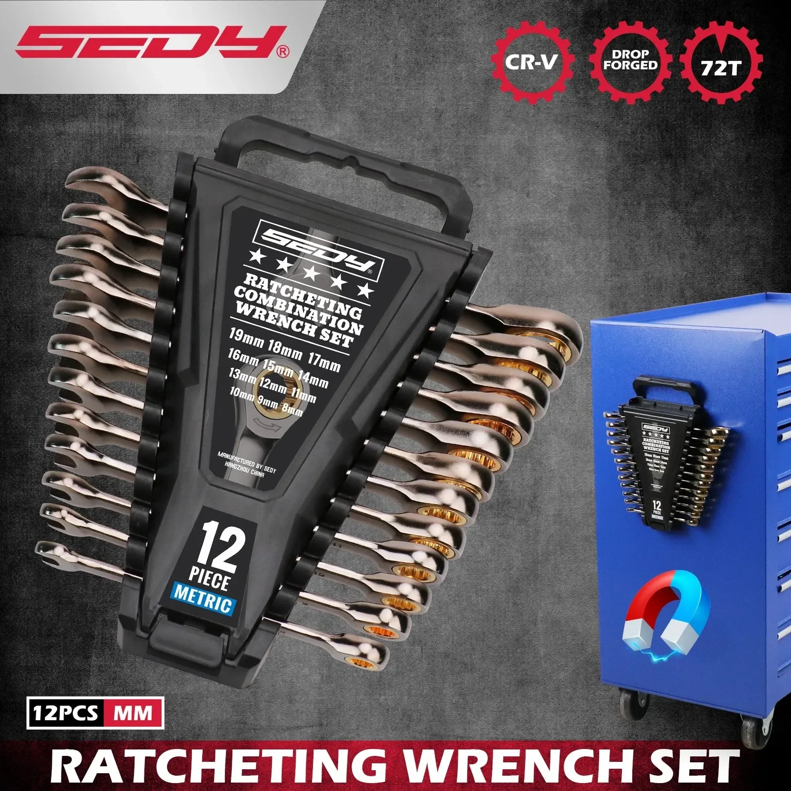 SEDY 12Pcs Ratcheting Wrench Set 8-19mm Metric CR-V Steel 72T Spanner Tool Kit