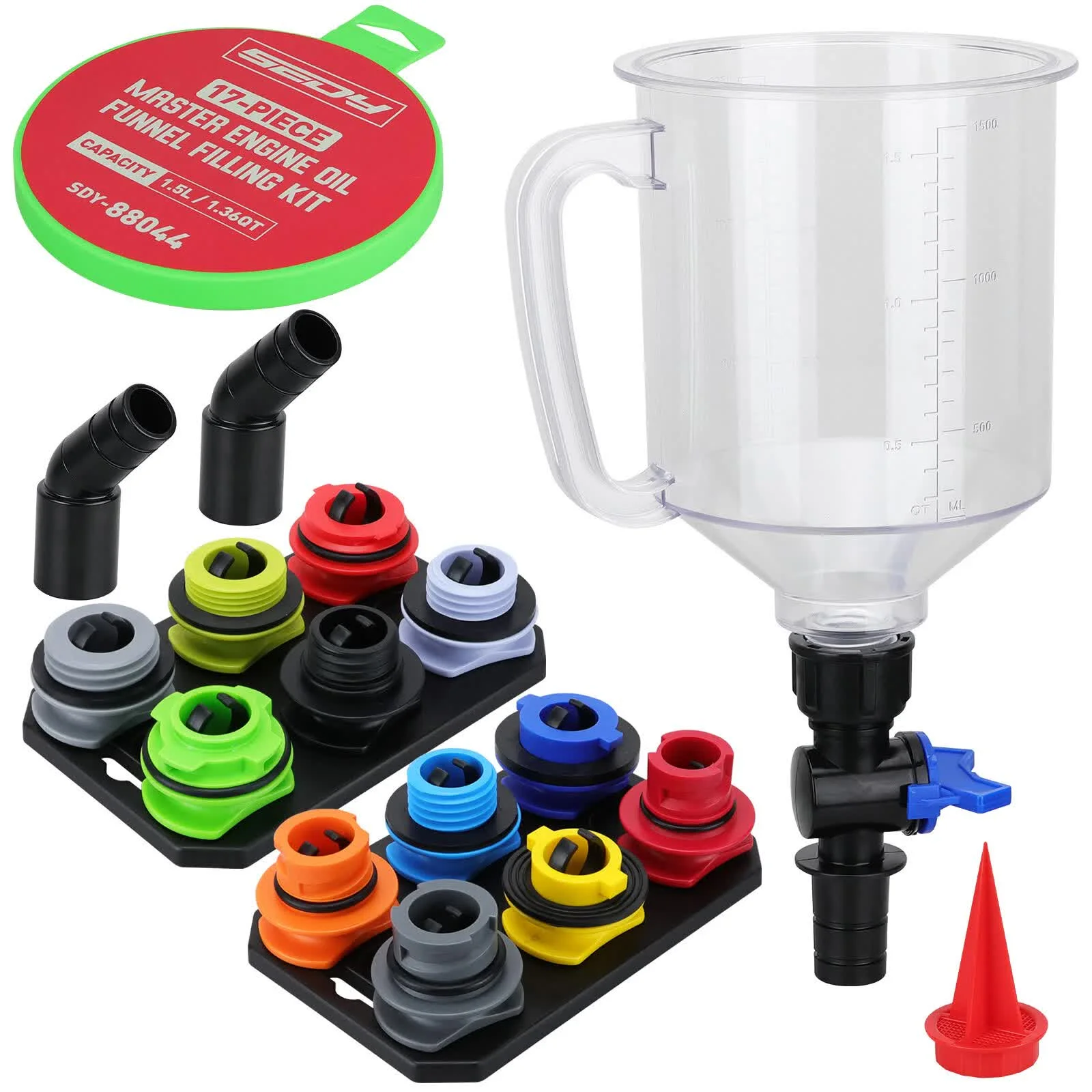 17-Piece Engine Oil Funnel Set with 12 Colour-Coded Adapters and Magnetic Storage Trays