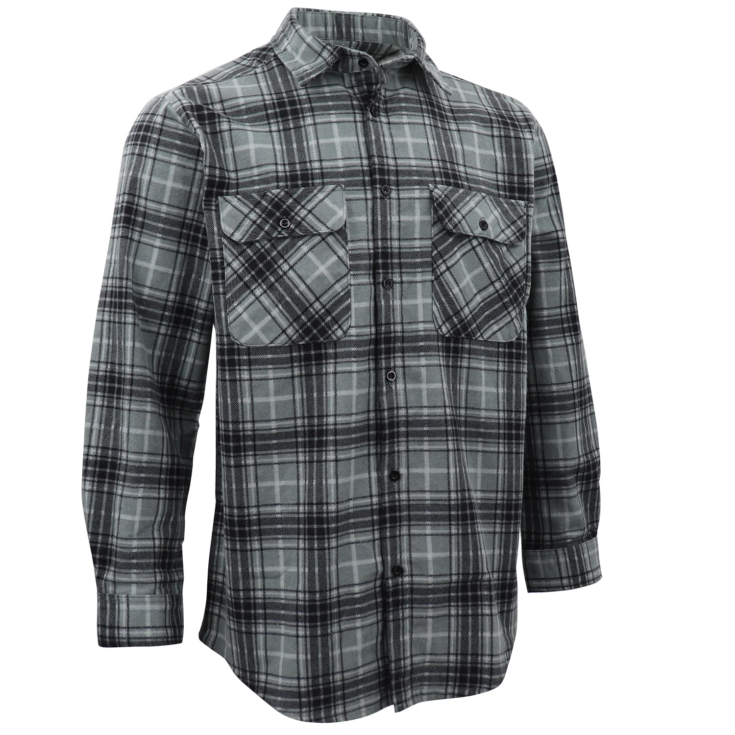 Men's 100% Cotton Flannelette Shirt Long Sleeve Plaid Check Flannel w Pockets, Granite Gray Plaid, XL