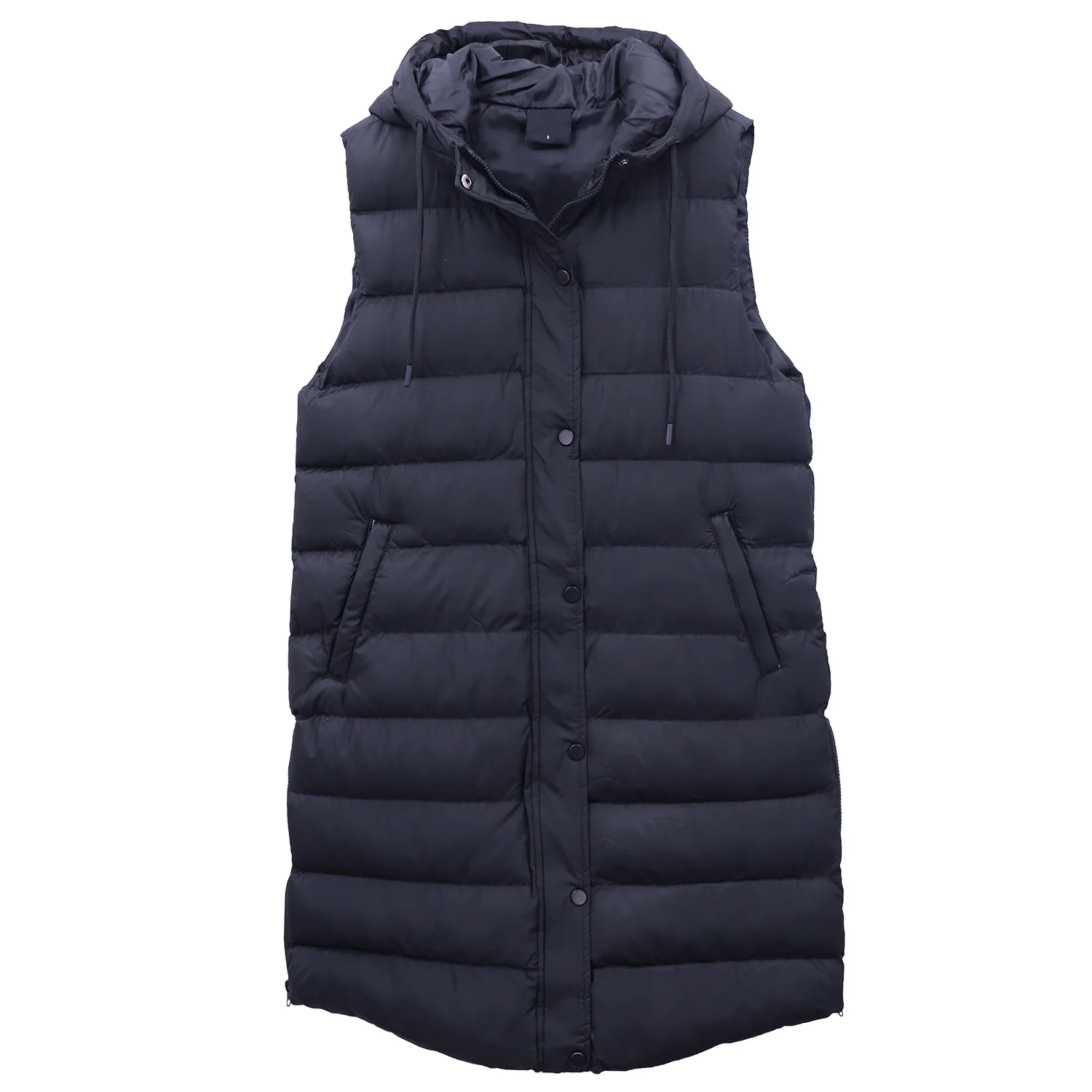 Women's Longline Padded Vest Hooded Jacket Puffer Puffy Quilted Zip Coat Gilet, Navy, 8