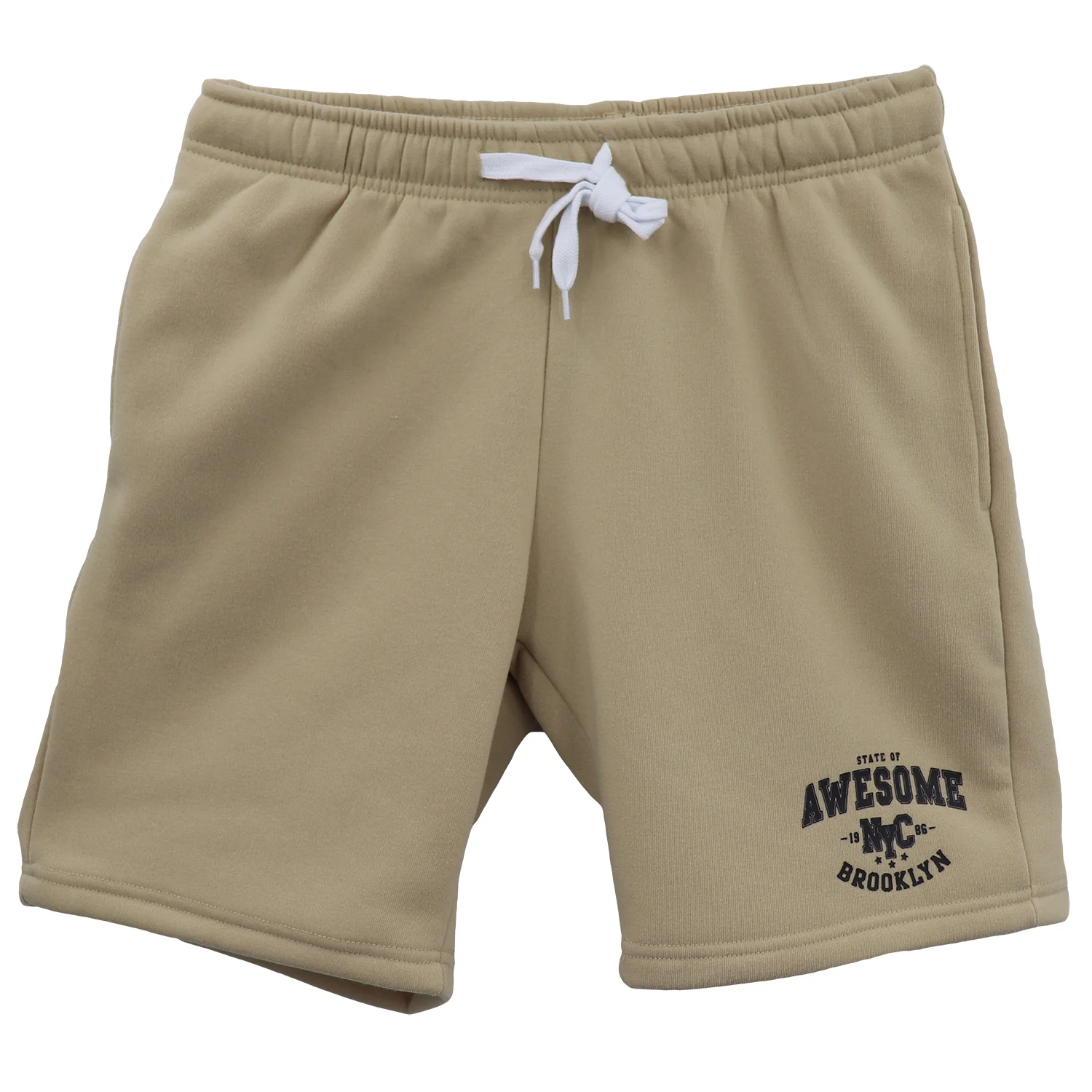 Men's Fleece Shorts Casual Sports Sweat Pants w Elastic Waist Drawstring Pockets, Beige, S