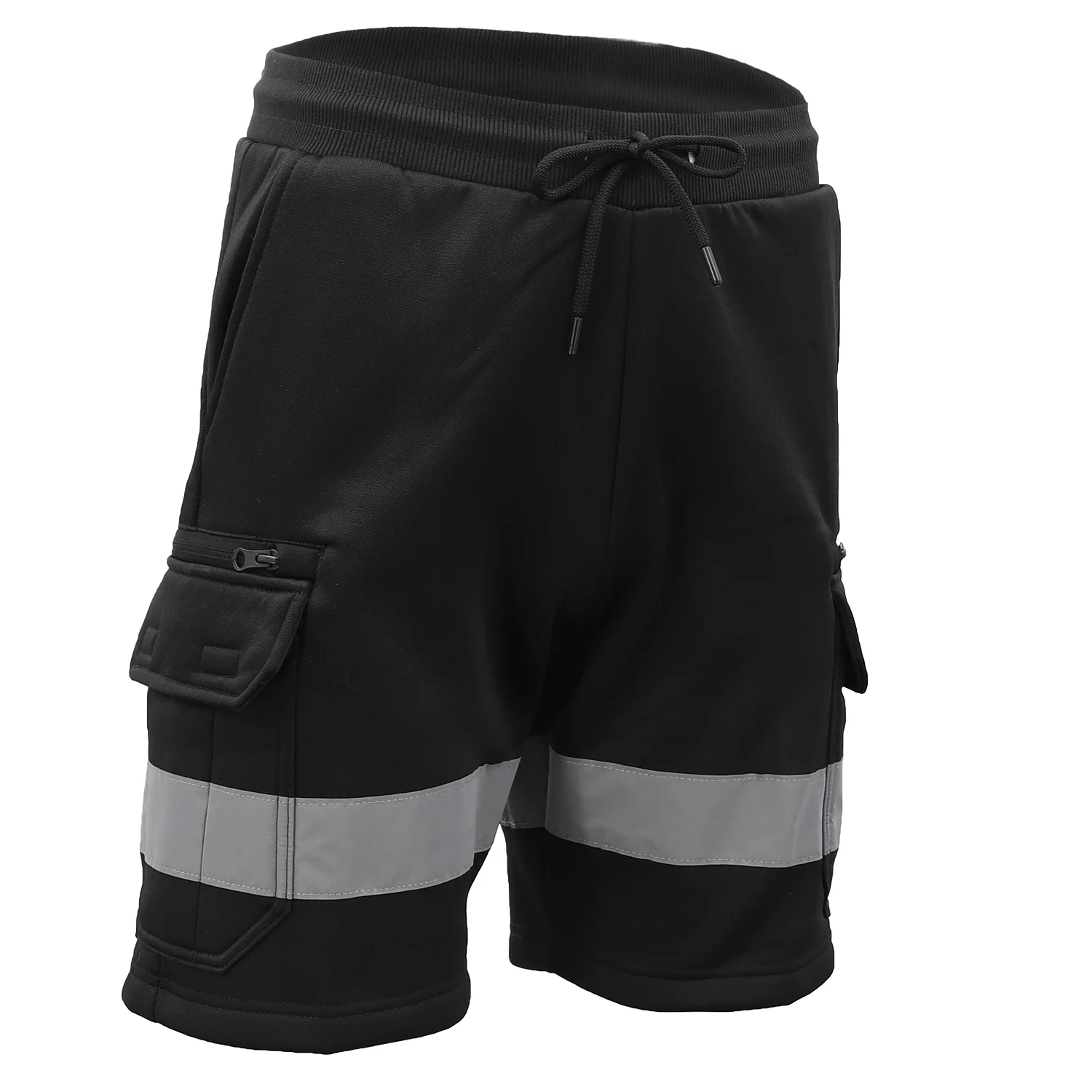 Hi Vis Fleece Work Cargo Shorts w Reflective Tape Workwear Tradie Utility Pants, Black, XL