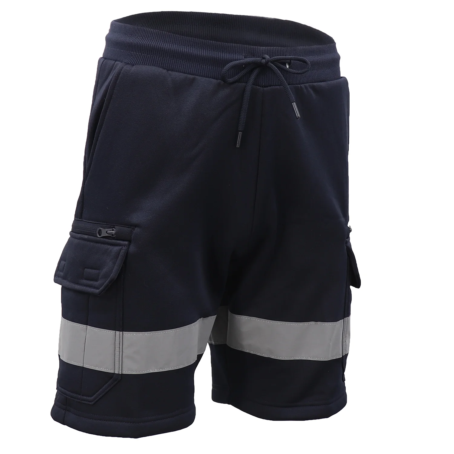 Hi Vis Fleece Work Cargo Shorts w Reflective Tape Workwear Tradie Utility Pants, Navy, L