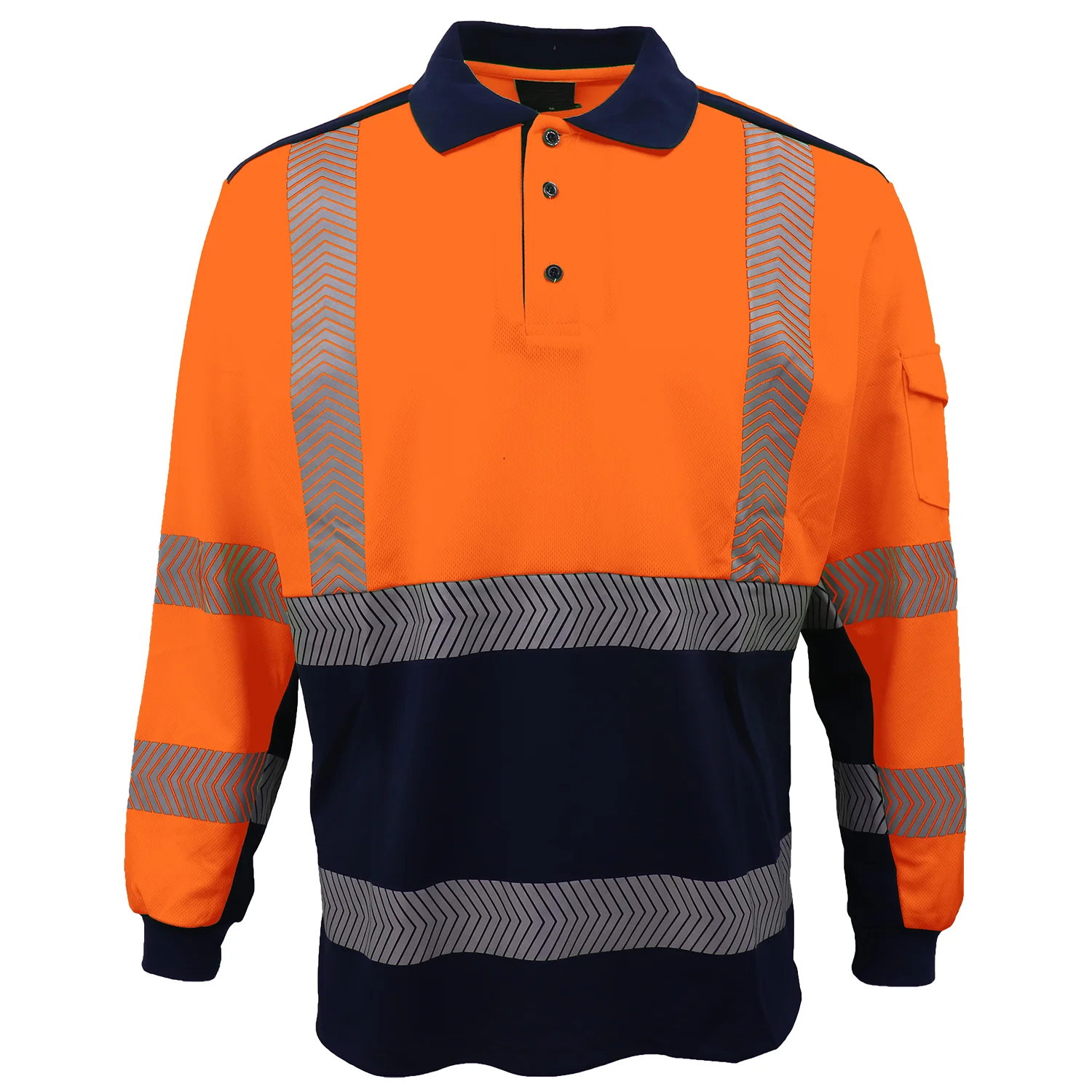 HI VIS Long Sleeve Polo Shirt Reflective Tape Safety Tradie Work Wear Tops Tee, Fluro Orange / Navy, XL