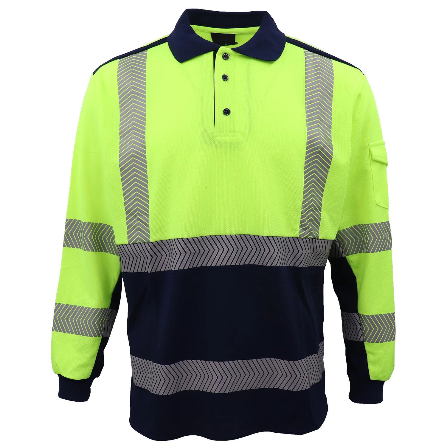 HI VIS Long Sleeve Polo Shirt Reflective Tape Safety Tradie Work Wear Tops Tee, Fluro Yellow / Navy, M