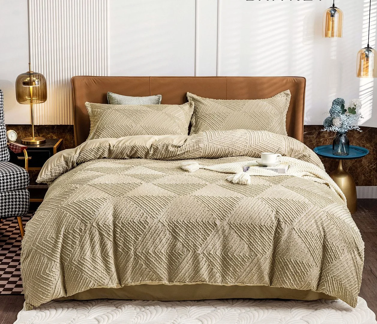Tufted Textured Jacquard Quilt Cover Set- Beige - Super King Size