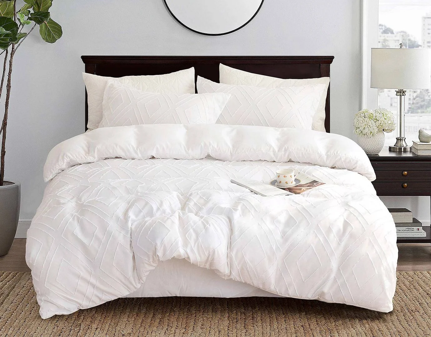 Tufted Diamond Jacquard Super King Size White Duvet Quilt Cover Set
