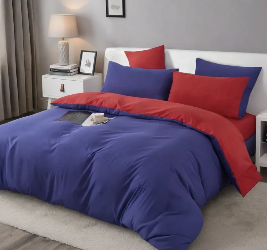 1000TC Reversible Queen Size Blue and Red Duvet Quilt Cover Set