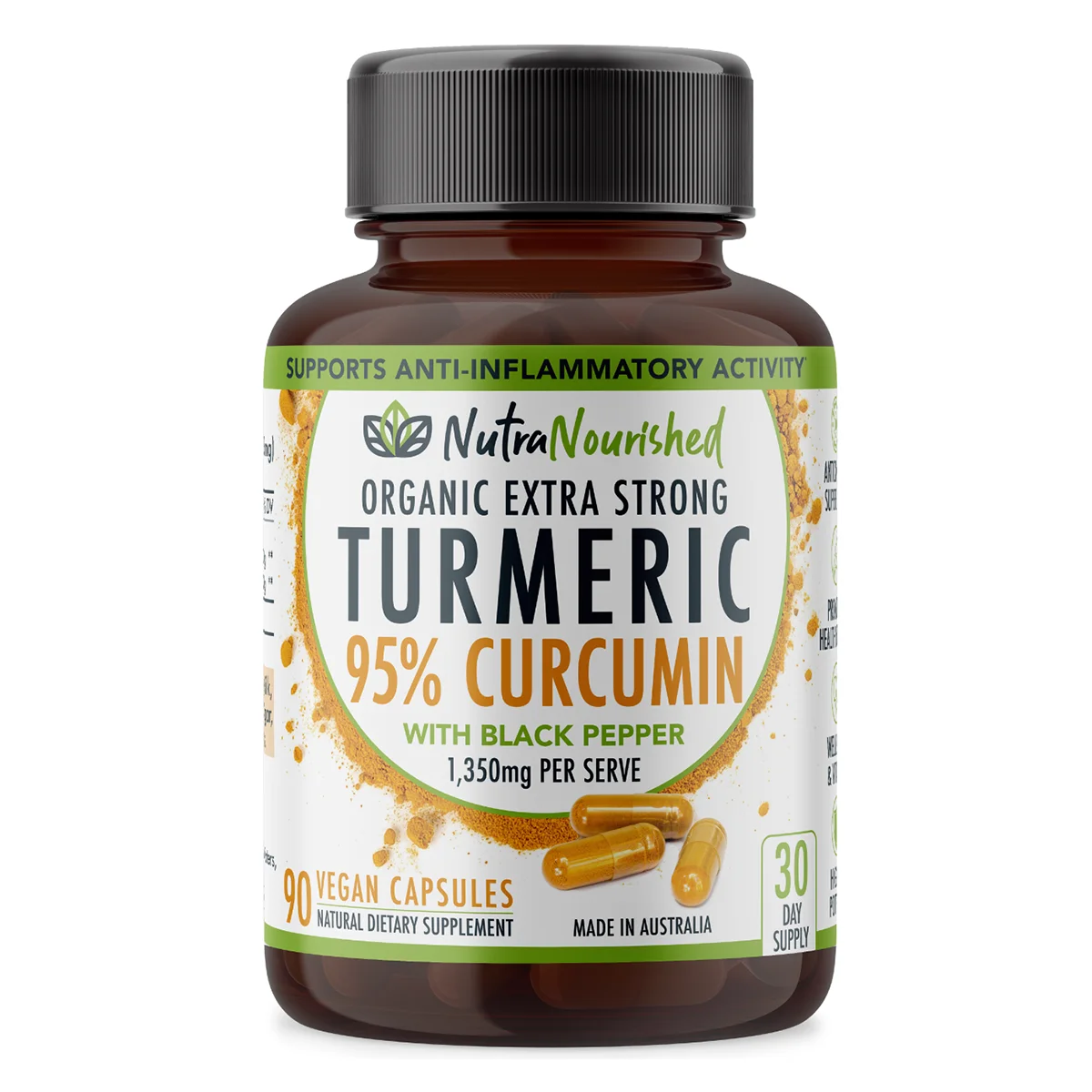 Curcumin Tablets - 95% Pure Organic Vegan - Turmeric Extract Buffered with Black Pepper (1,350mg) - 90 Vegan Capsules